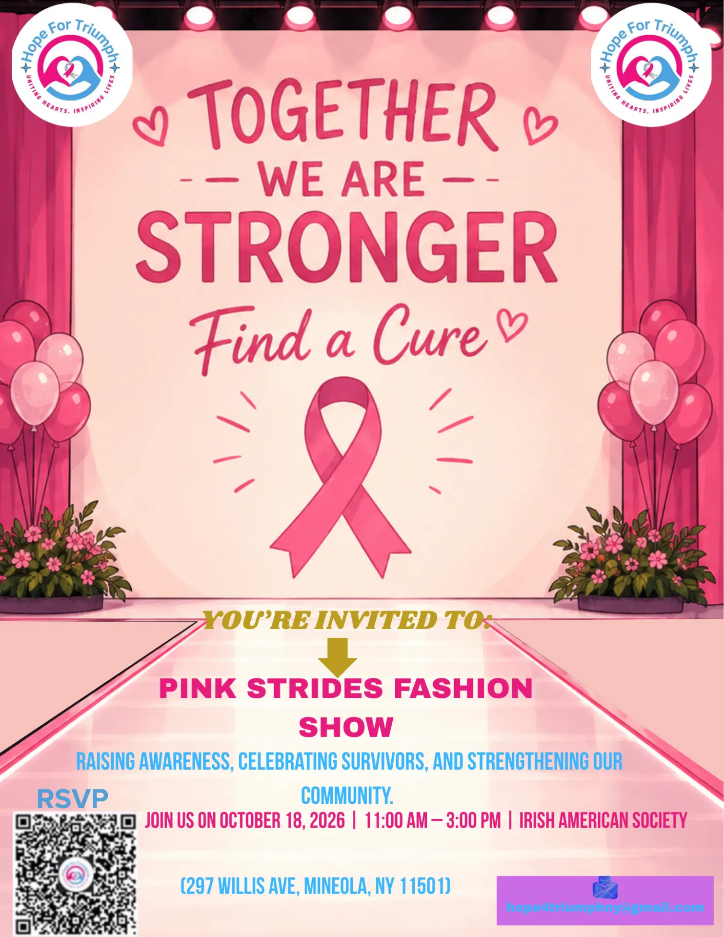 Pink Stride Fashion Show flyer: October 18, 2026, 11 AM to 3 PM at the Irish American Society