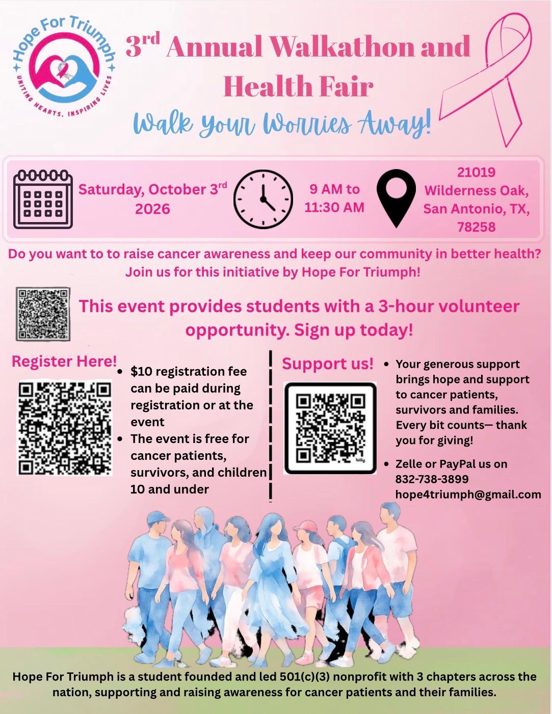 Walk Your Worries Away walkathon flyer: Saturday, October 3, 2026, 9 AM to 11:30 AM in San Antonio, TX