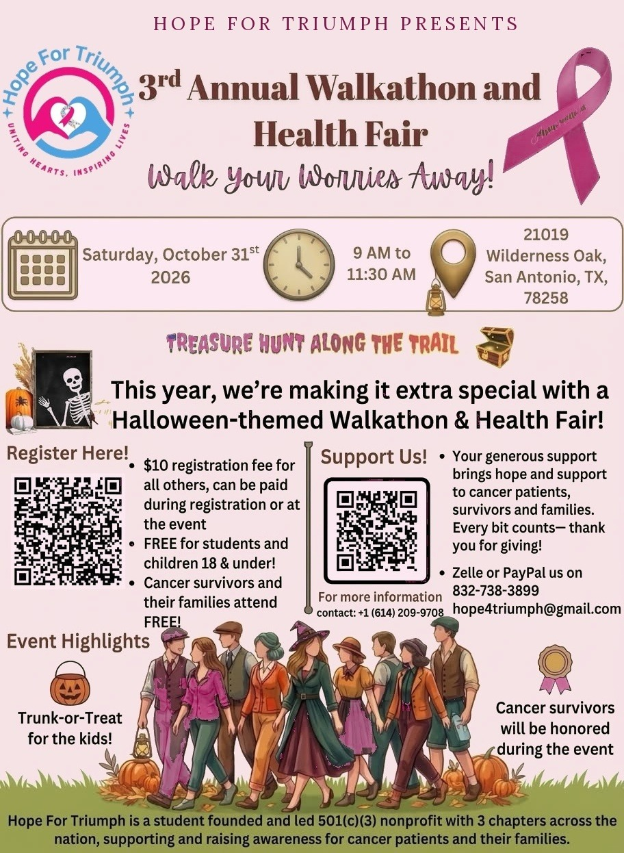 Walk Your Worries Away walkathon and health fair flyer: Saturday, October 31, 2026, 9 AM to 11:30 AM at 21019 Wilderness Oak, San Antonio, TX 78258, a Halloween-themed walkathon with a treasure hunt along the trail and trunk-or-treat for kids
