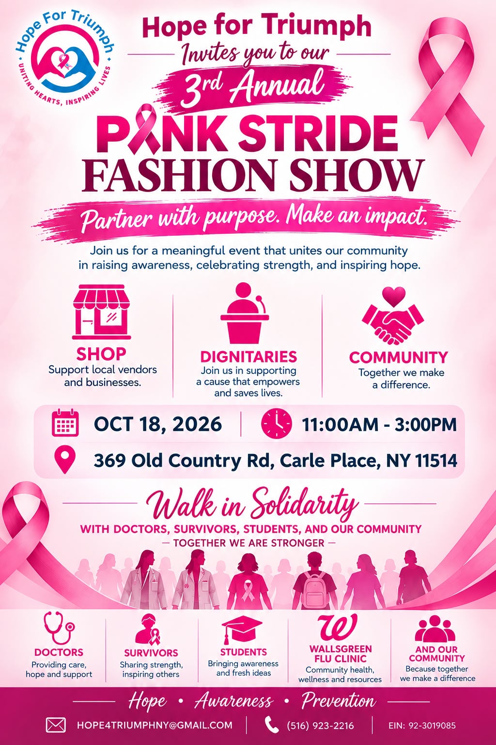 Pink Stride Fashion Show flyer: October 18, 2026, 11 AM to 3 PM at the Holiday Inn Westbury-Long Island, 369 Old Country Rd, Carle Place, NY
